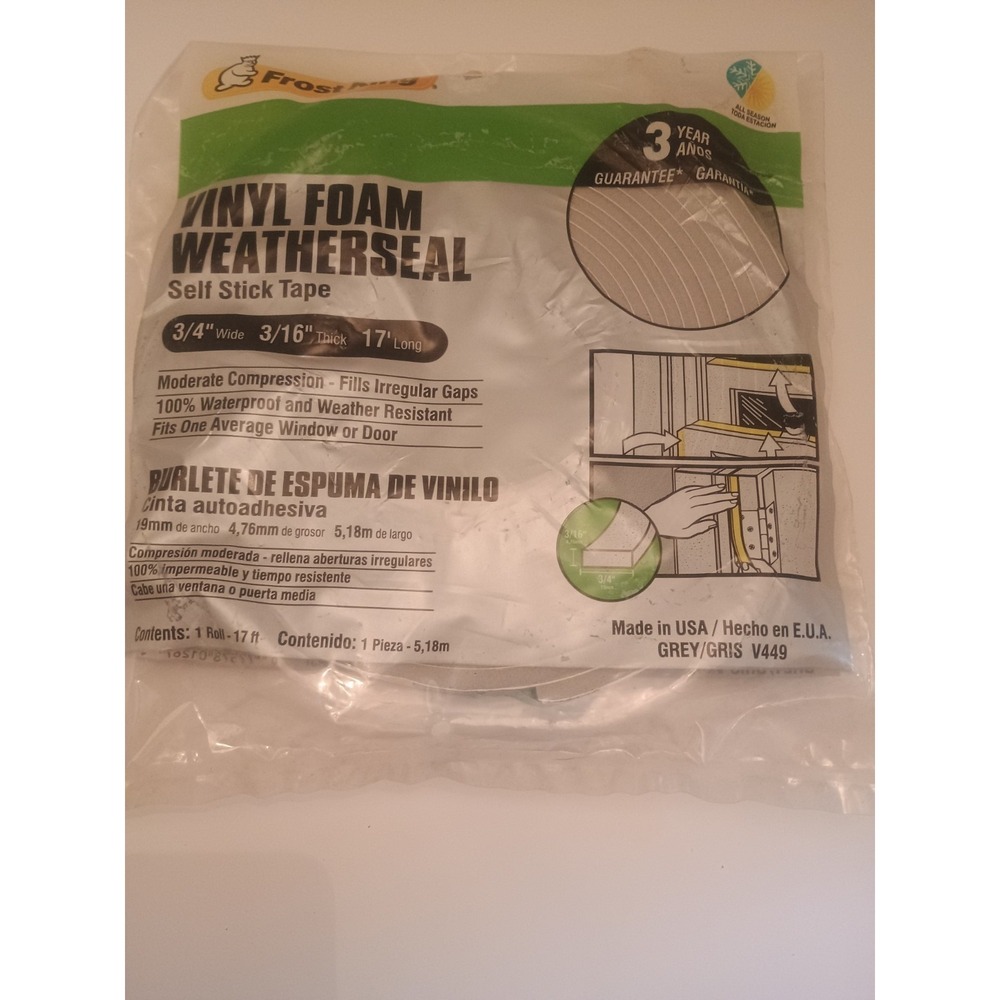 Frost King Vinyl Weatherseal Self Stick Tape 3/4" Wide 3/16" Thick 17' Long